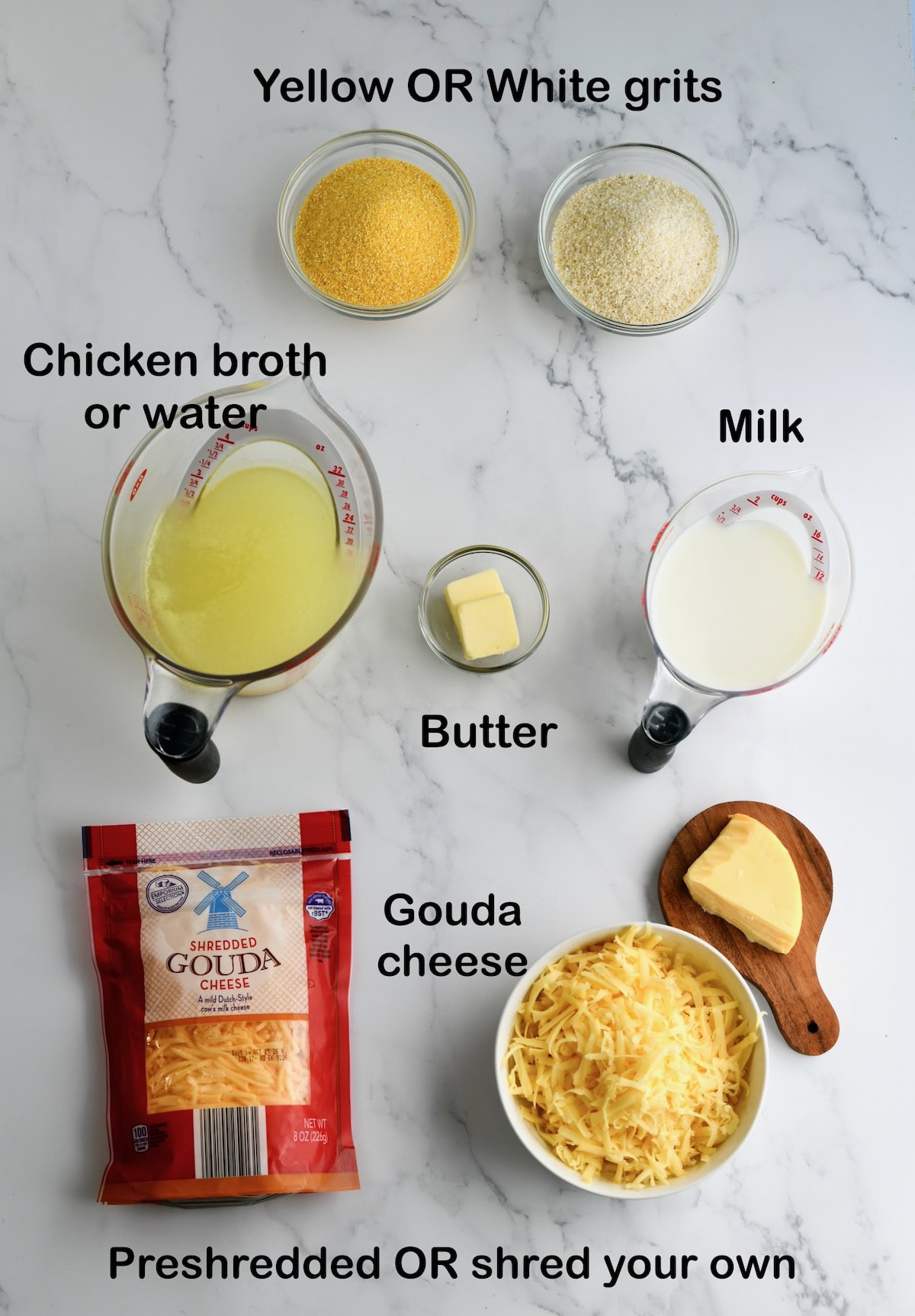 Ingredients needed to make gouda grits.