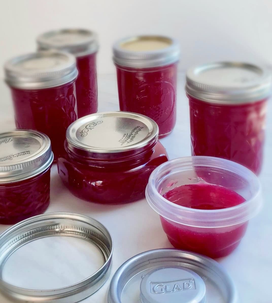 Muscadine jelly in jars on a counter.