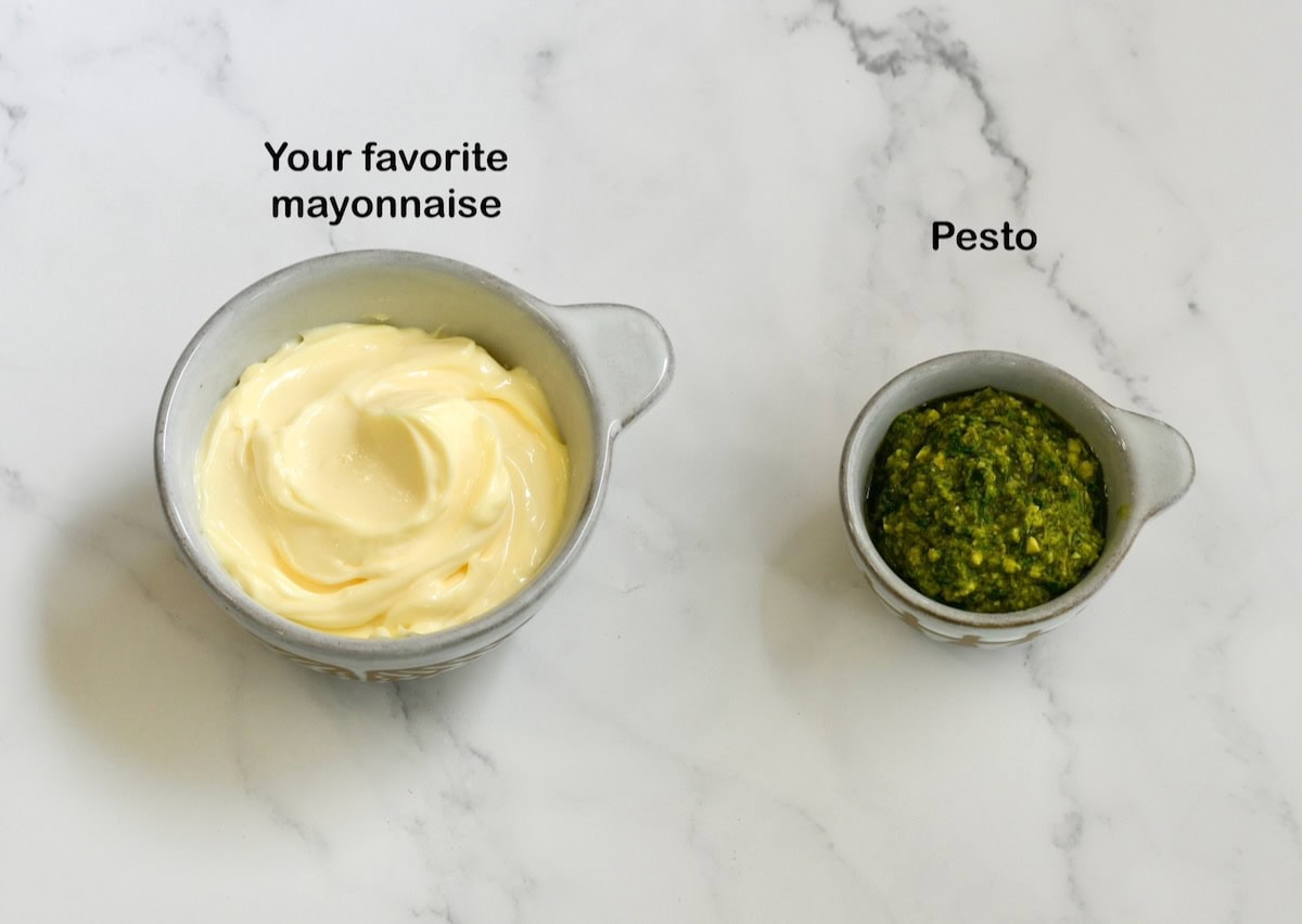 Ingredients needed to make pesto mayo.