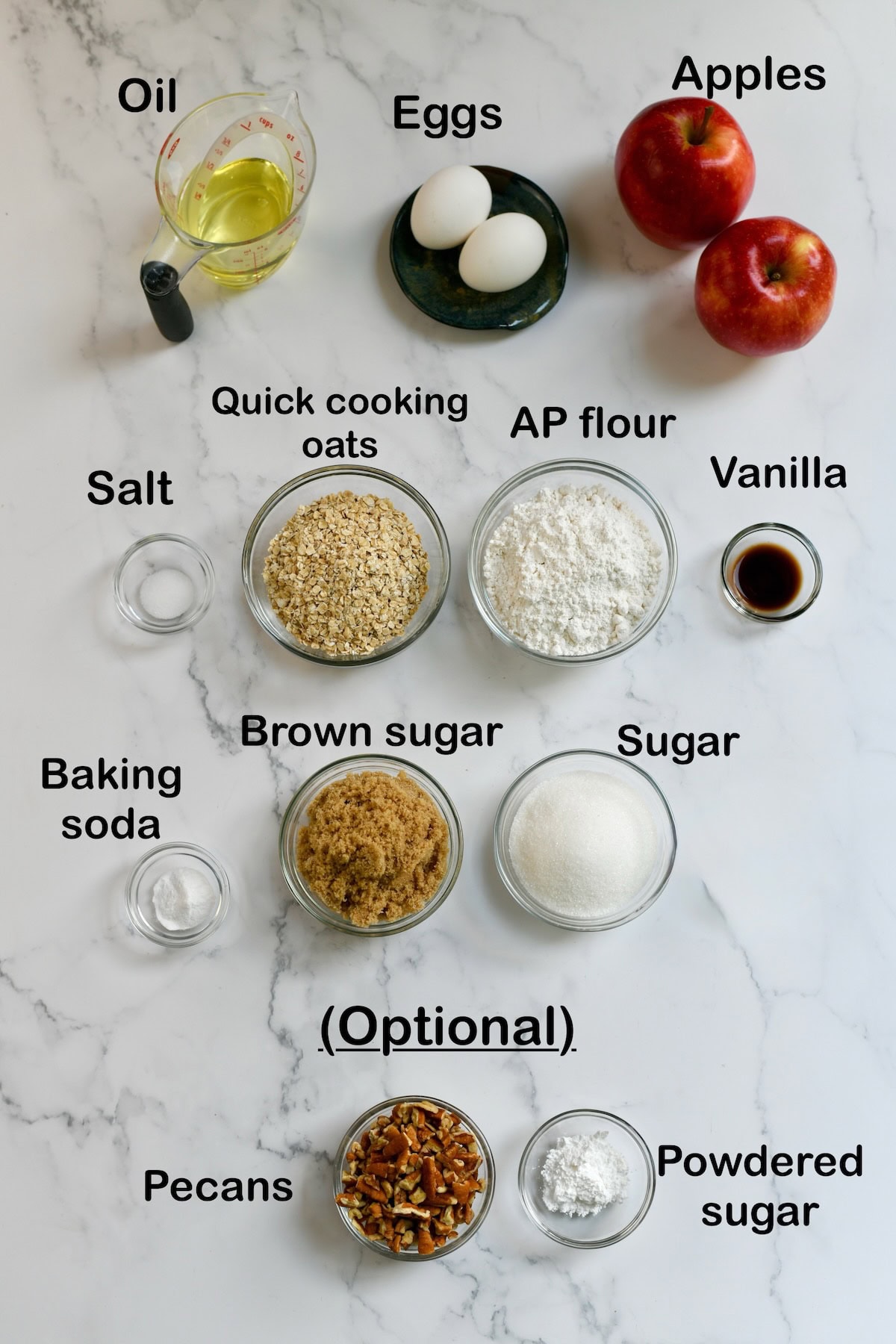 Ingredients neded to make apple oatmeal cake.