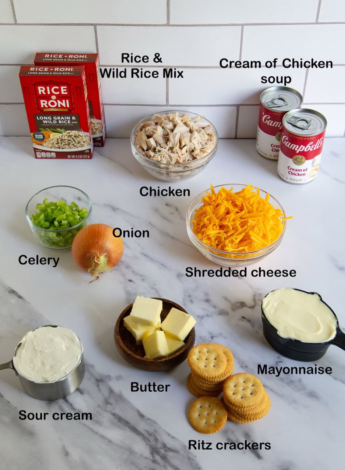 Ingredients needed to make child and wild rice casserole.