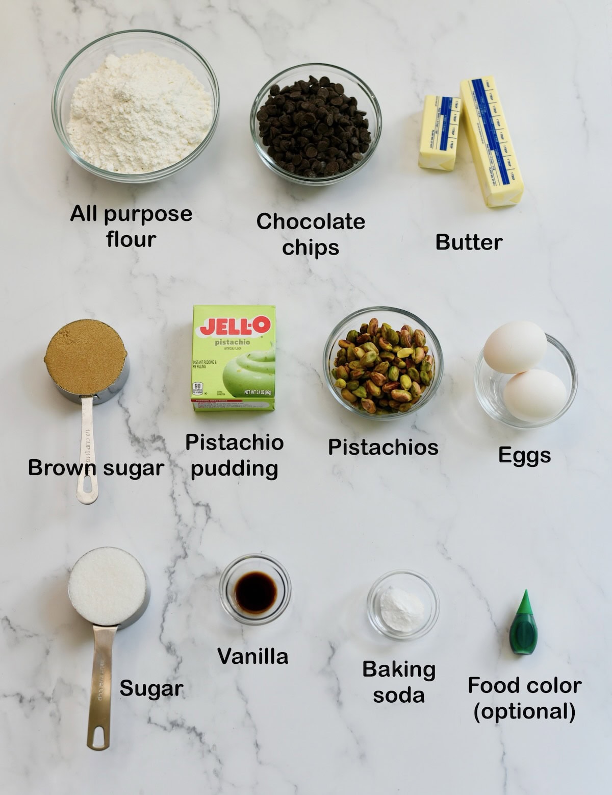 Ingredients needed to chocolate chip pistachio cookies.
