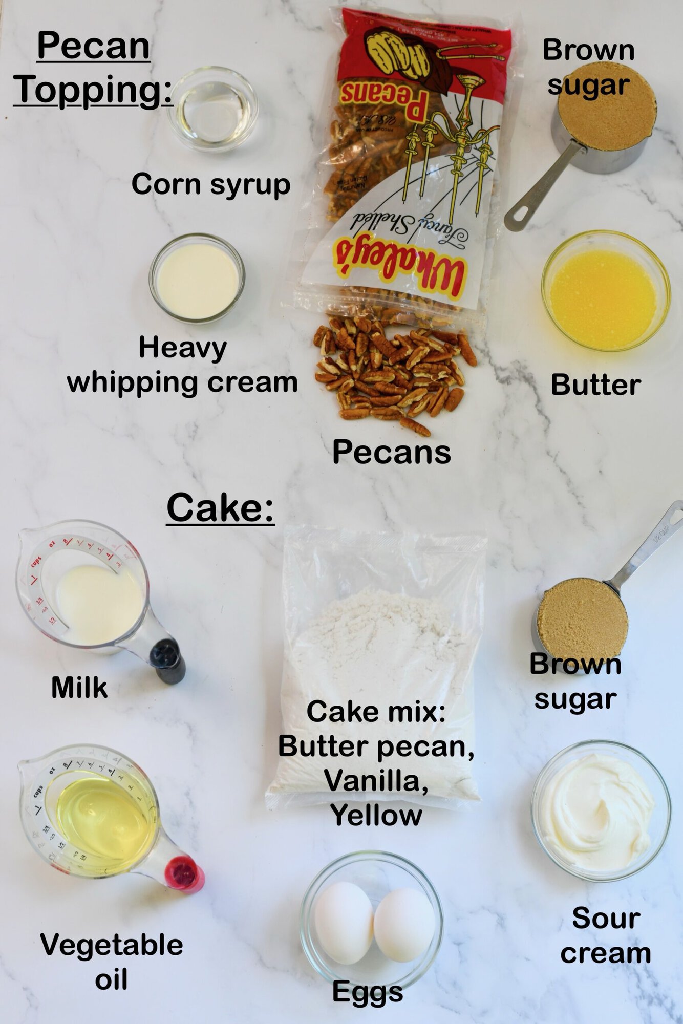 Ingredients needed to make pecan upside down cake.