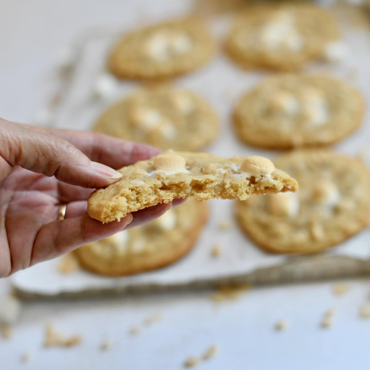 Hand holding a rice krispie cookie broken in half.