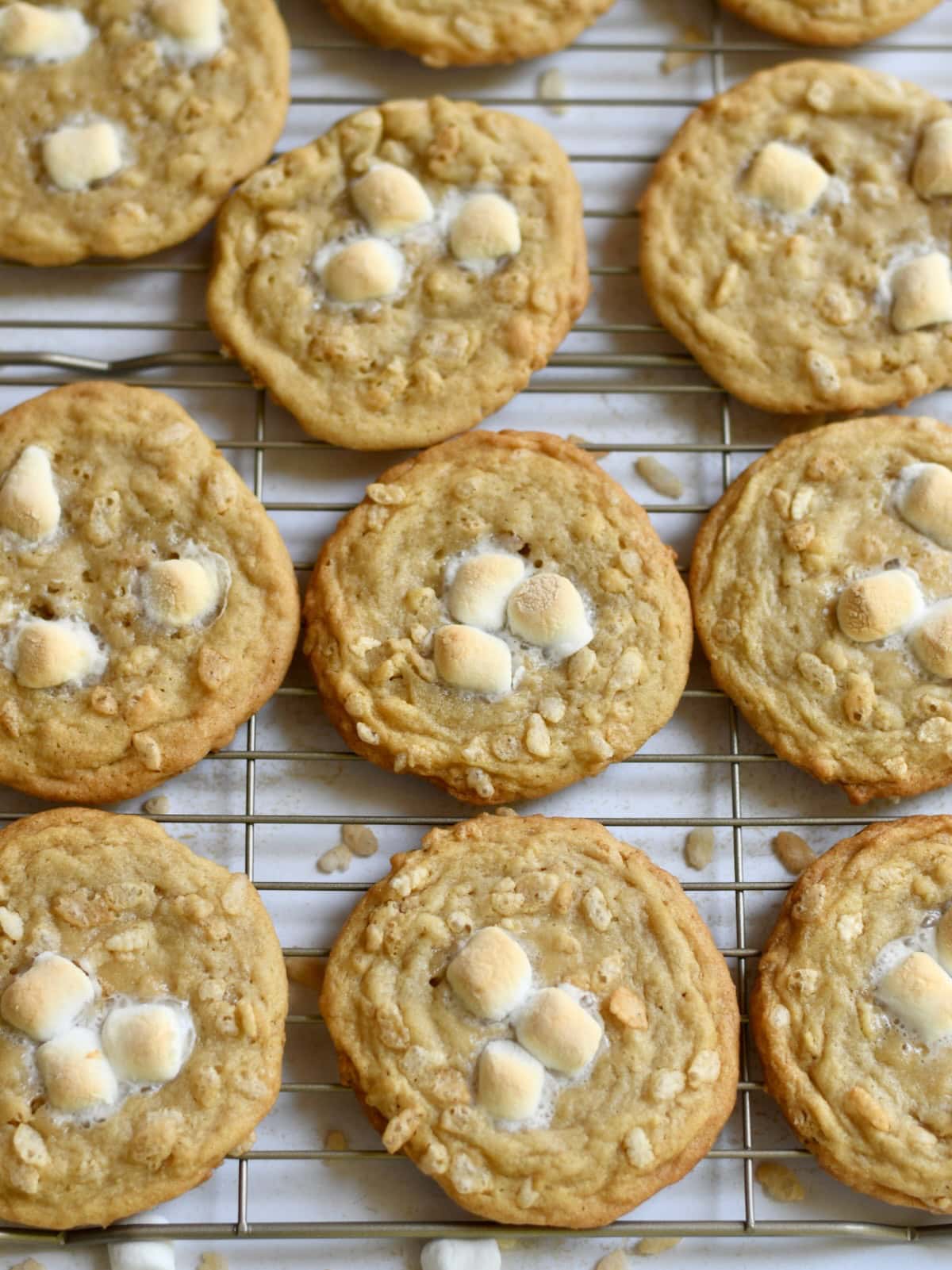 Overhead shot of rice krispie cookies on a cooling rack.
