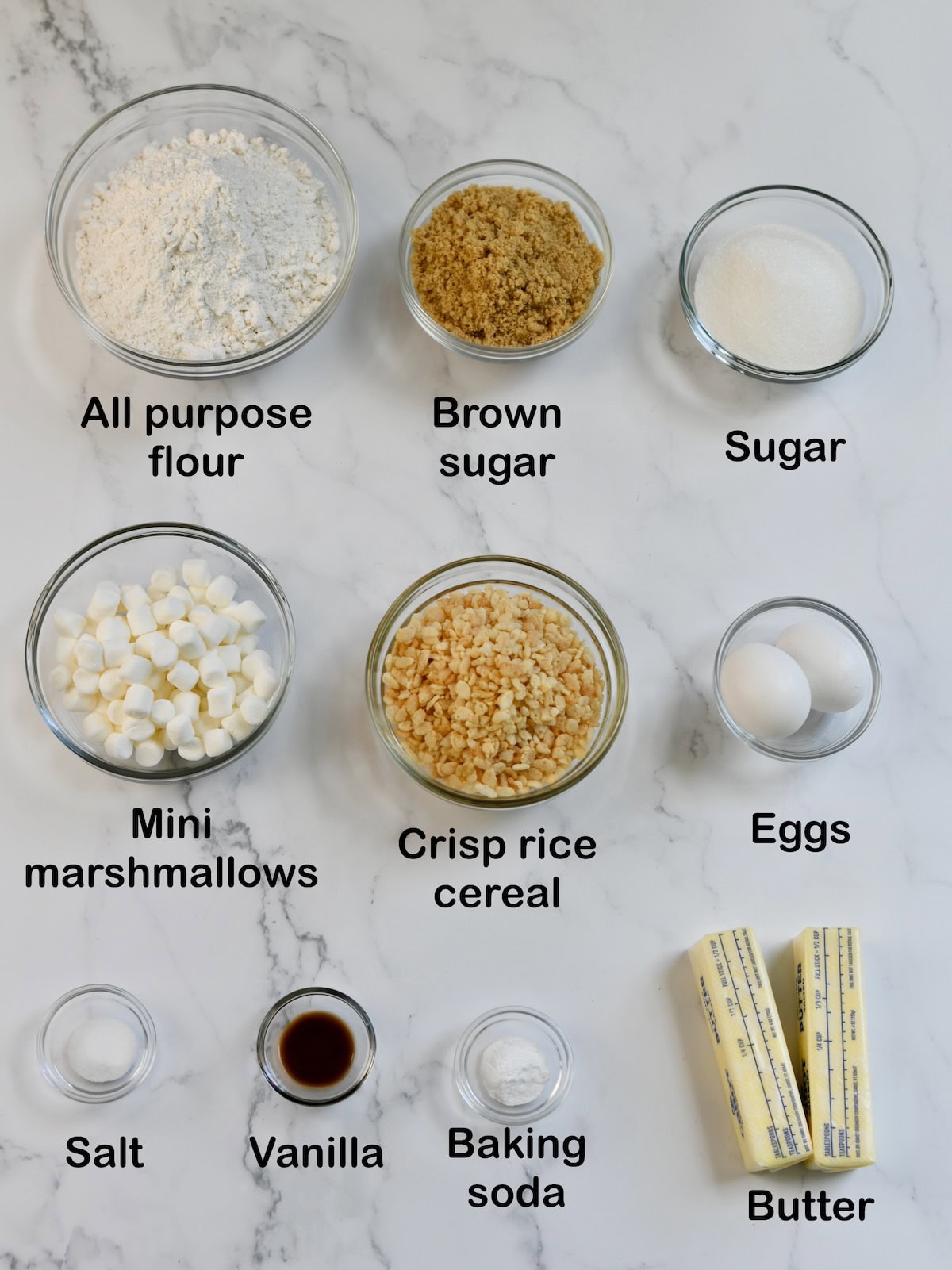 Ingredients needed to make rice krispie cookies.