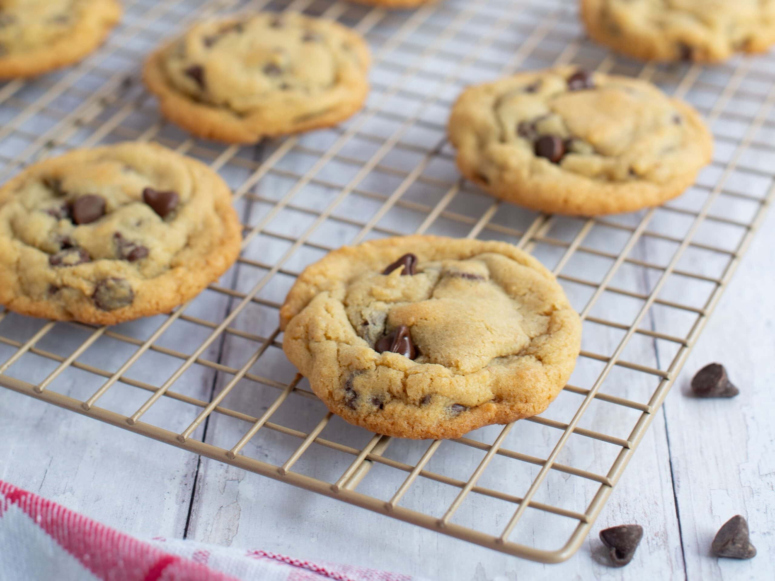 Small batch of chocolate chip cookies on a wire rack to cool.