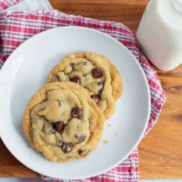 Overhead shot of two chocolate chip cookies on a plate.