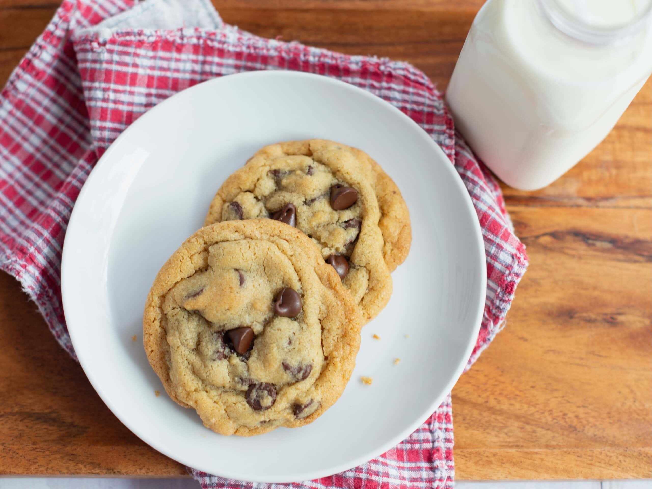 Overhead shot of two chocolate chip cookies on a plate.