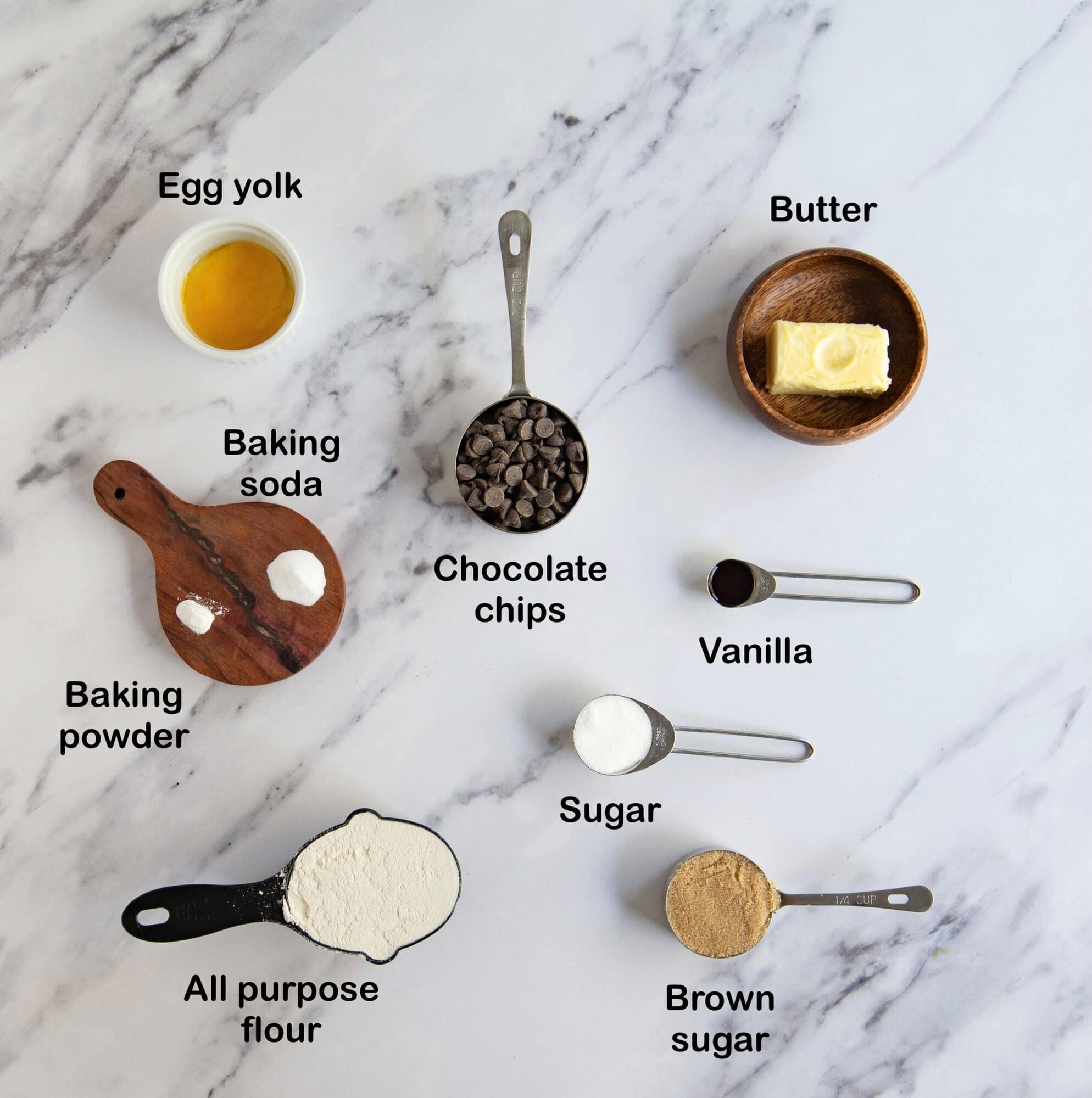 Ingredients needed to make small batch chocolate chip cookies.