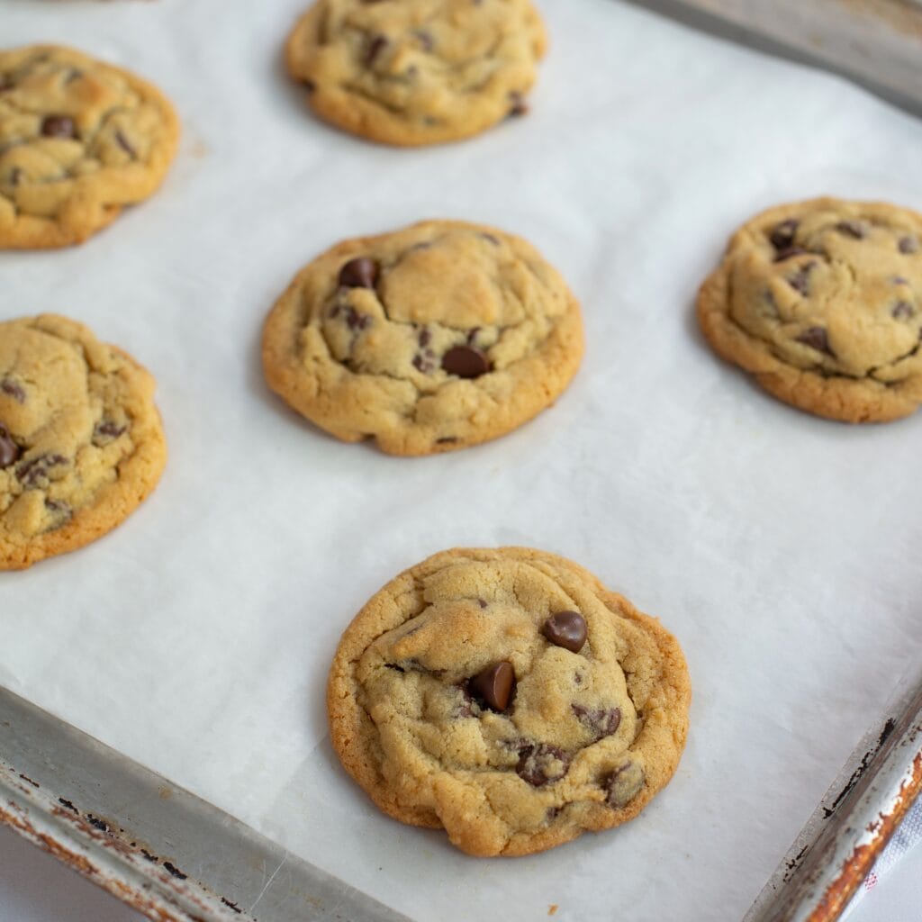 Small batch chocolate chip cookies on a sheet pan lined with parchment paper.